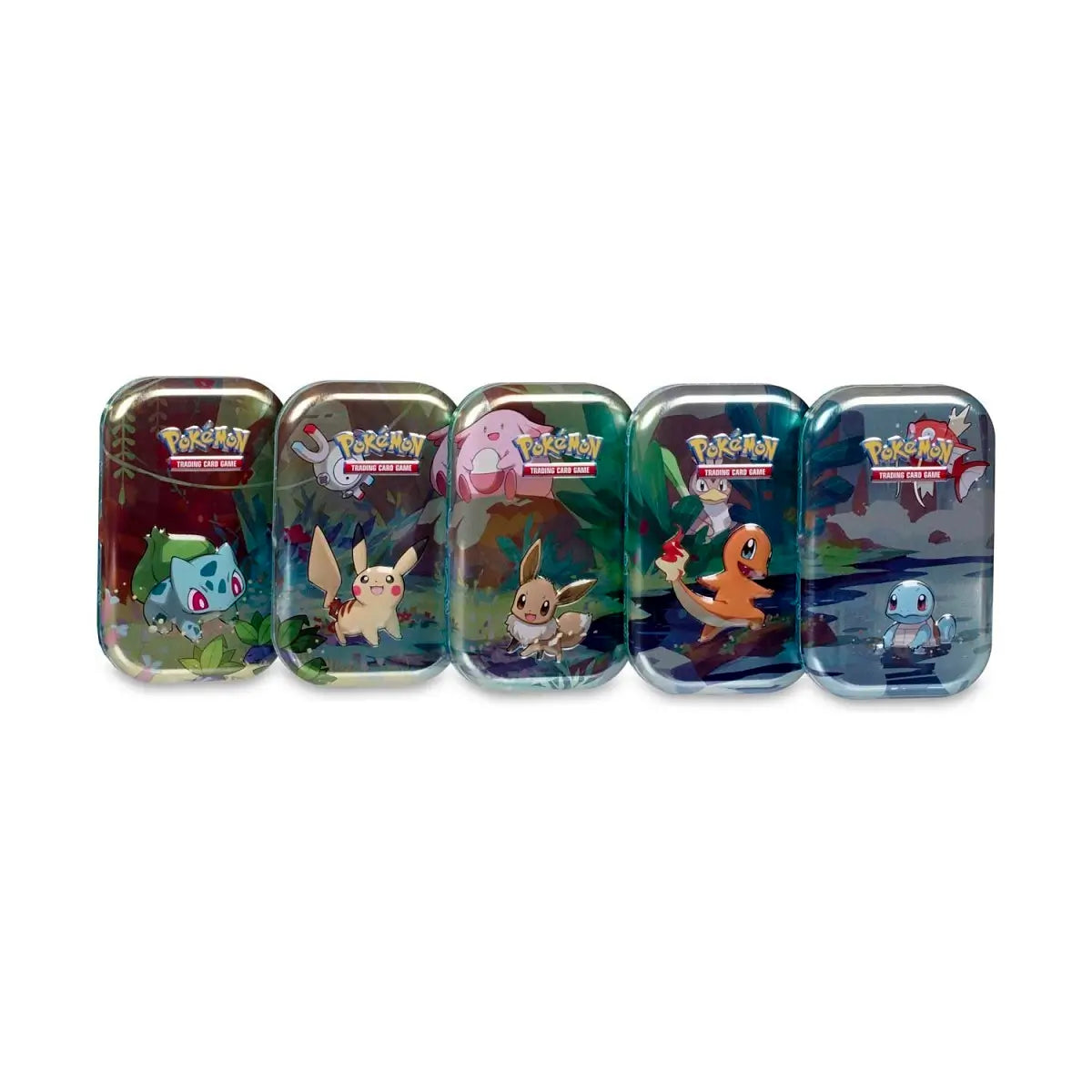 Complete set of five Pokémon TCG Kanto Friends Mini Tins featuring Pikachu, Eevee, Bulbasaur, Charmander, and Squirtle arranged to show the full panoramic art.